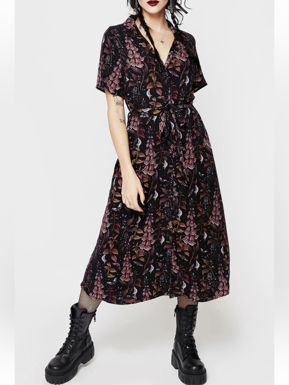 Disturbia Foxglove Midi Shirt Dress Size 8 Dark Floral Woodland Whimsical Print - Picture 14 of 14